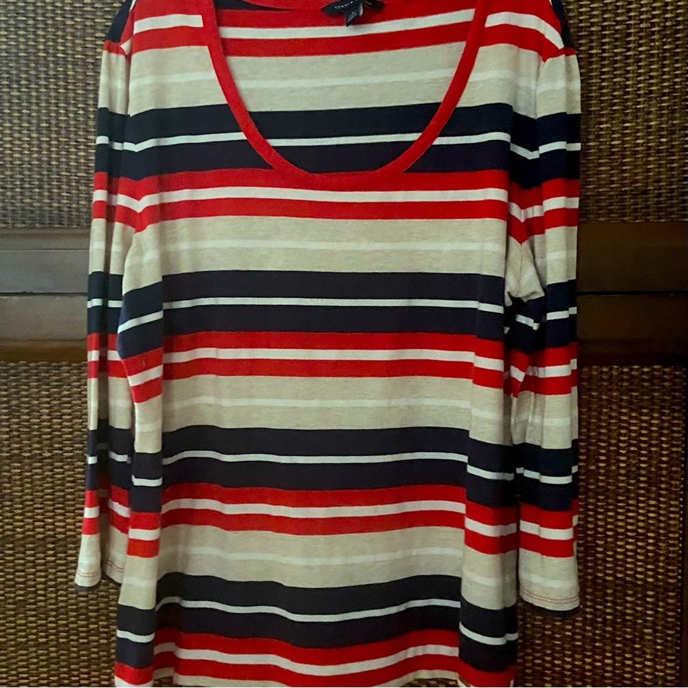 Tommy Hilfiger 100% Cotton Striped Scoop Neck 3/4” Sleeve Top